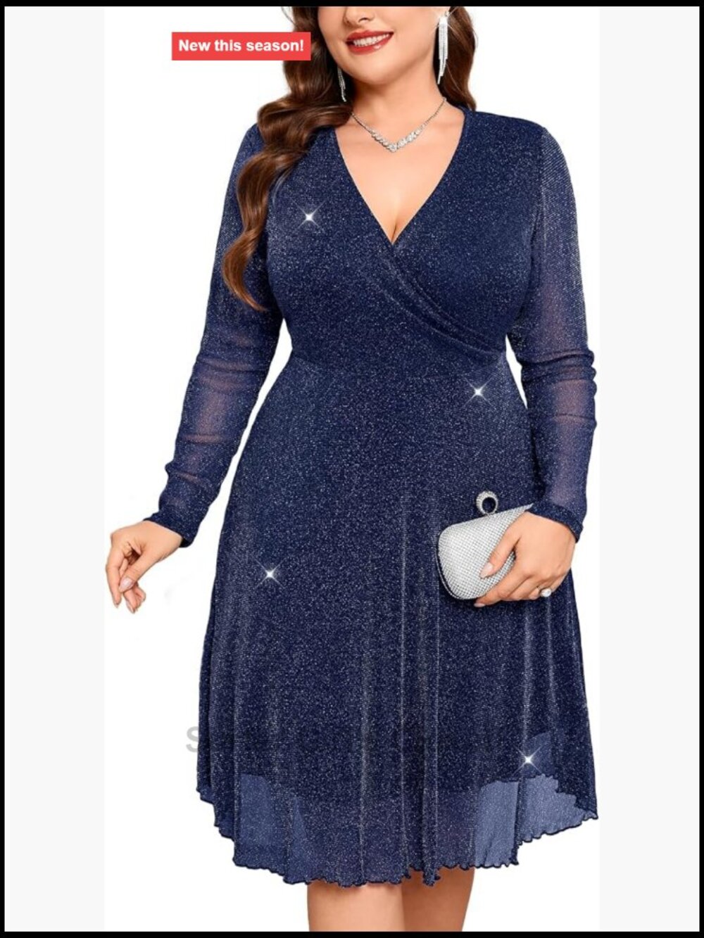 Plus Size Sparkly Mesh A-Line V-Neck Cocktail Party Dress